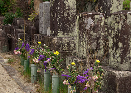 墓石と花